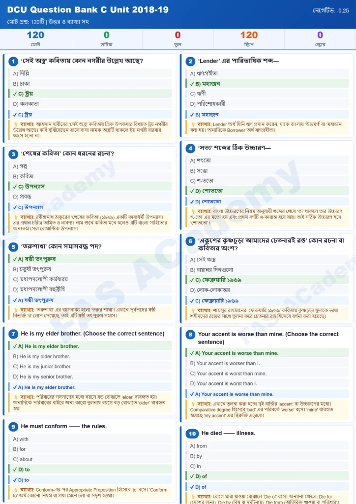 DCU Question Bank Bussiness Studies 2018-19. DCU প্রশ্নব্যাংক সি ইউনিট ২০১৮-১৯ (DU অধিভুক্ত ৭ কলেজ) এর প্রশ্ন ও উত্তর। বাংলা, ইংরেজি, হিসাববিজ্ঞান, ফিন্যান্স, ব্যবসায় সংগঠন ও ব্যবস্থাপনা, আন্তর্জাতিক বিষয়াবলি ও গাণিতিক যুক্তি সহ সম্পূর্ণ সমাধান।